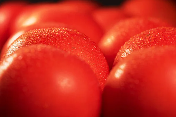 Vista Cerca Tomates Rojos Maduros Con Gotas Agua —  Fotos de Stock