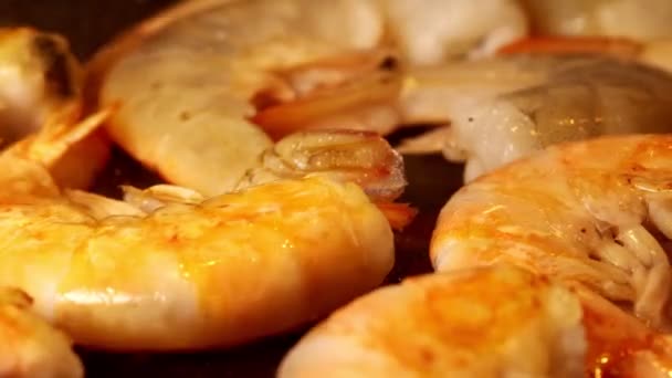 Vue Rapprochée Des Crevettes Royales Sont Frites Dans Une Casserole — Video