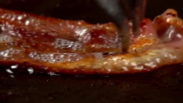 Vista Ravvicinata Delle Fette Pancetta Padella — Video Stock