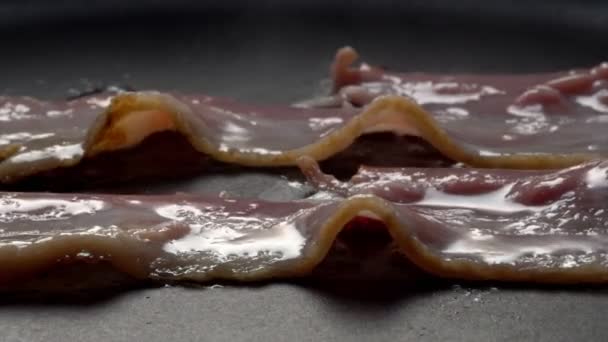 Close View Bacon Slices Frying Pan — Stock Video
