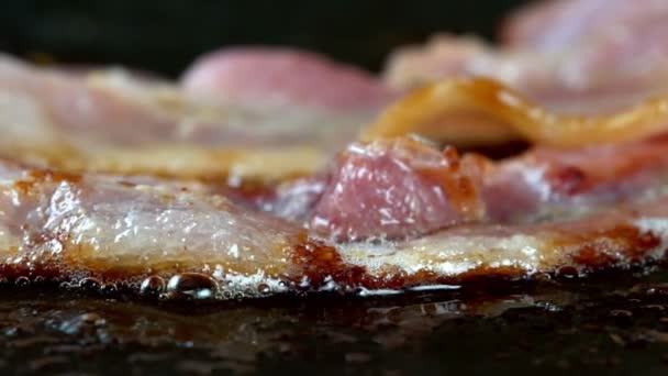 Close View Bacon Slices Frying Pan — Stock Video