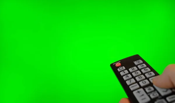 Male Hand Remote Control Pointing Screen Green Chroma Key — Stock Photo, Image