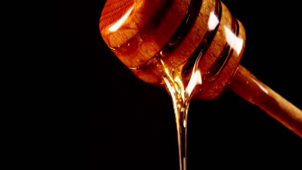 蜂蜜滴在黑色背景的木制蜂蜜搅拌器上 — 图库视频影像