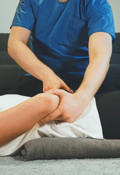 Therapist Massaging Woman Hands Her House Medical Homecare — Stock Photo, Image