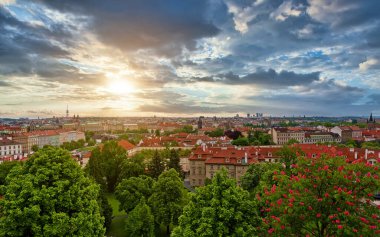 Prag 'ın kırmızı çatıları olan yaz şehirleri.