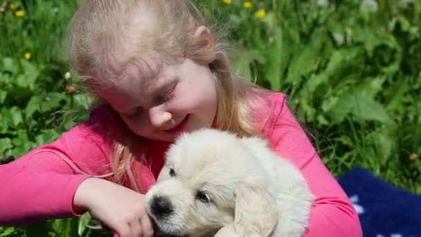 Mooi meisje speelt met een pup in de natuur — Stockvideo