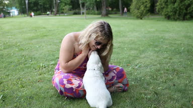 Genç kadın Park golden retriever yavruları ile oynarken