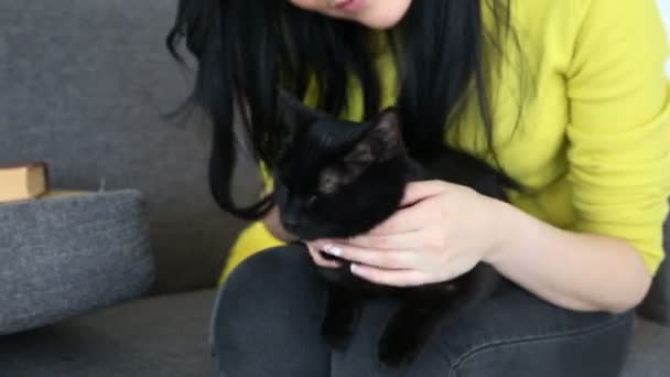 Amor por las mascotas. hermosa chica de pelo oscuro con un gato negro es relajarse en casa en la sala de estar en el sofá . — Vídeo de stock