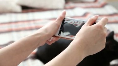 aşk için pets. metresi bir smartphone cep telefonu ile evde yatakta siyah kedisinin fotoğraflarını çekiyor.