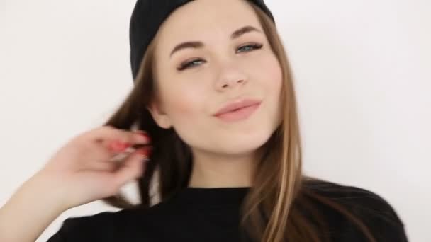 Teenage Girl Black Hip Hop Clothes Cap Dances White Wall Stock
