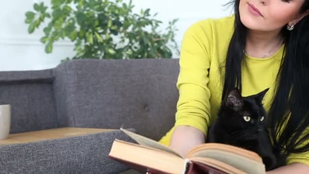 Amore per gli animali domestici. bella ragazza dai capelli scuri con un gatto nero si rilassa a casa in soggiorno sul divano . — Video Stock