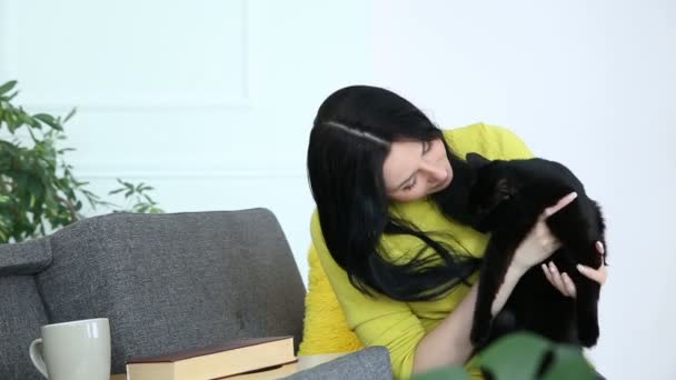 Amour Pour Les Animaux Domestiques Belle Fille Brune Avec Chat — Video