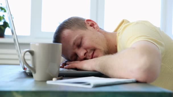 Freelance programmeur valt van vermoeidheid achter zijn bureau met een laptop in slaap — Stockvideo