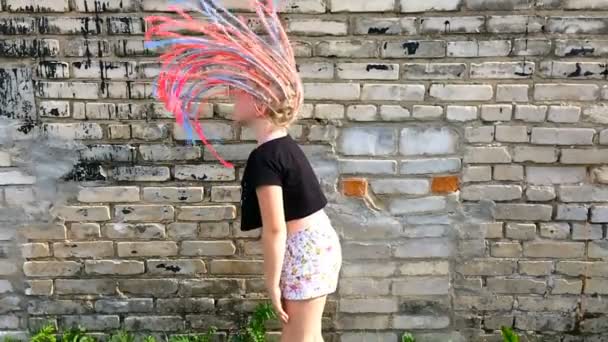 Stylish Girl Waving African Pigtails Brick Wall Slow Motion — Stock Video