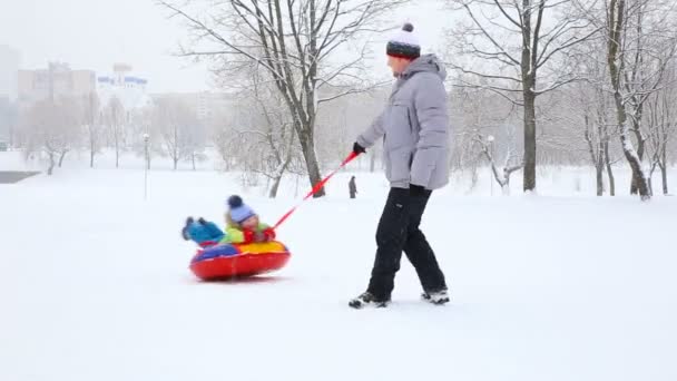 Família feliz com crianças e um cão se divertindo em um parque coberto de neve no inverno — Vídeo de Stock