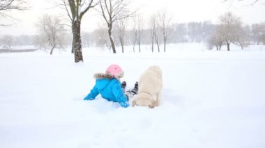 aşk için pets - kız parkta karda bir golden retriever ile dinleniyor