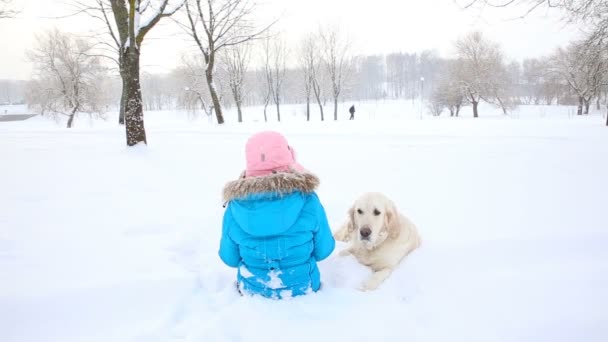 爱宠物-女孩在公园的雪中与一只金色的猎犬在休息 — 图库视频影像