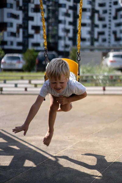 Life Children Modern City Little Boy Having Fun Playground House — Stock Photo, Image