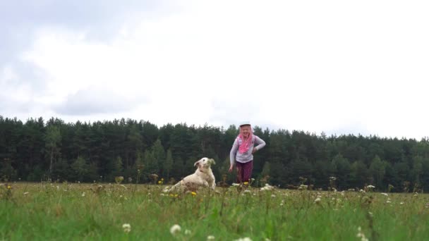 Glada barn och en vacker hund som springer runt fältet över gräs — Stockvideo