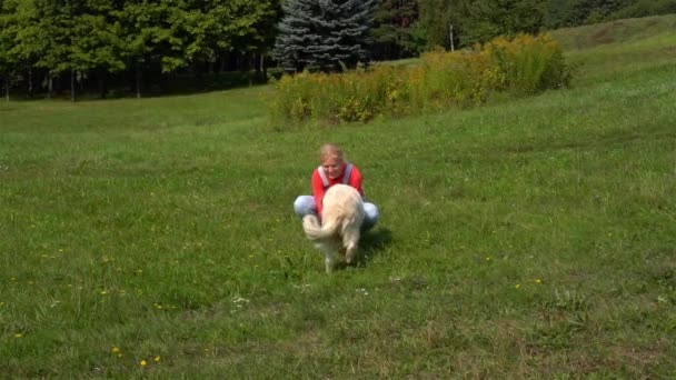 Junge Frau amüsiert sich mit einem großen Hund auf der Wiese — Stockvideo