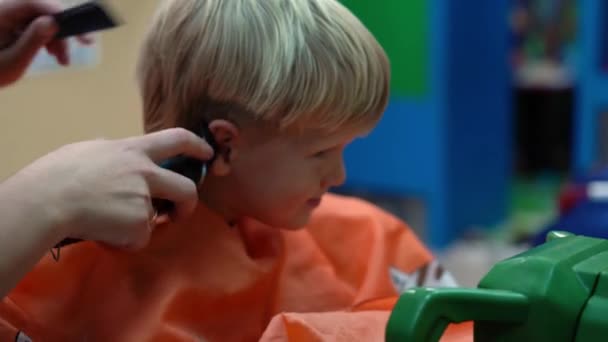 Coupe de cheveux d'un petit garçon dans un salon de coiffure pour enfants — Video