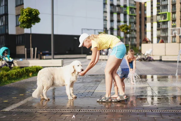 La vida con las pupilas de casa en la ciudad - la mujer joven que regaba el perro con el agua de la fuente —  Fotos de Stock