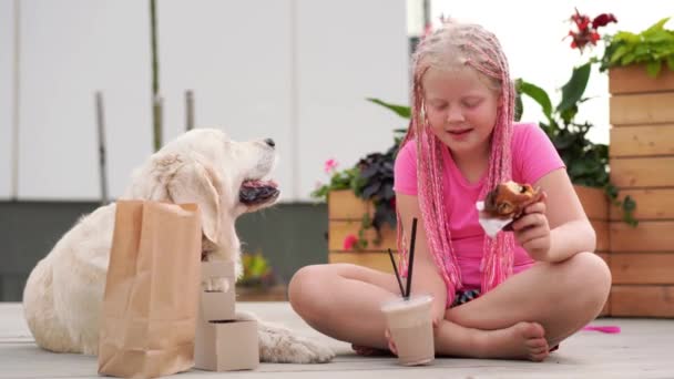 Любовь к домашним питомцам - красивая девушка с африканскими косичками ест на улице со своей собакой — стоковое видео