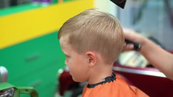 Corte de cabelo de um menino em um salão de cabeleireiro de crianças — Vídeo de Stock