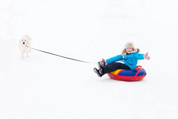Winter active fun - girl ride from the snow hill on tubes and a happy dog runs alongside — Stock Photo, Image