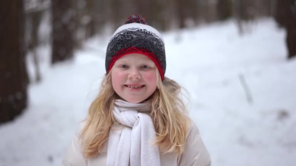 Porträt eines schönen blonden Mädchens im Winterwald mit fallendem Schnee — Stockvideo