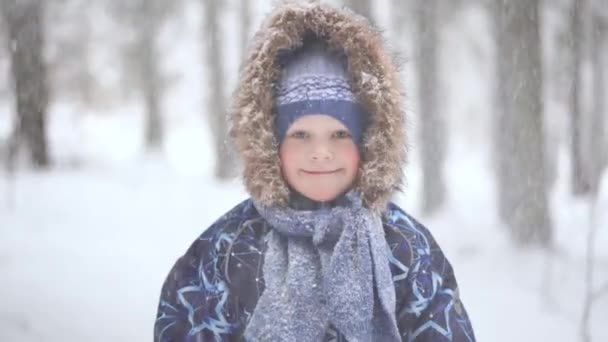 Porträt eines schönen blonden kleinen Jungen im Winterwald mit fallendem Schnee — Stockvideo