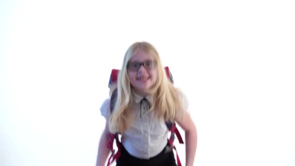 Beautiful Schoolgirl School Backpack Wearing Glasses Dancing Studio White Background — Stock Video