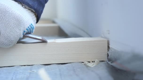 Maître menuisier monte plancher de bois de pin - plancher respectueux de l'environnement. décalage de vissage au béton . — Video