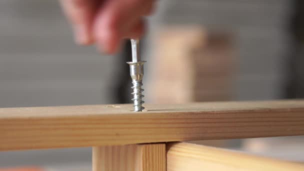 Reparación y decoración: herramientas de construcción, primer plano de muebles de madera autorroscantes — Vídeos de Stock