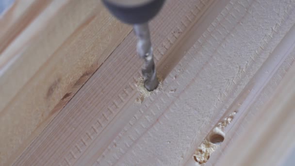 Construção e reparação. trabalhando com madeira - furos de perfuração fechar — Vídeo de Stock