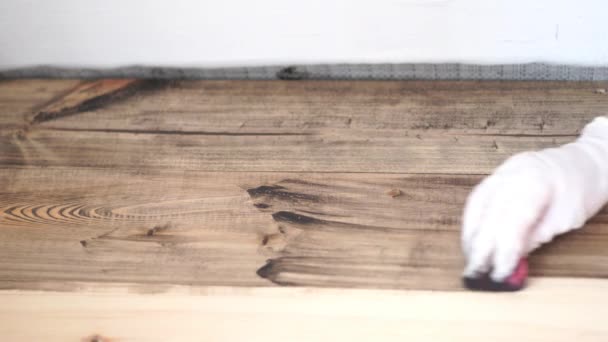 Reparación y decoración. el maestro aplica un recubrimiento ecológico en el suelo de madera - cera de aceite natural oscuro — Vídeos de Stock