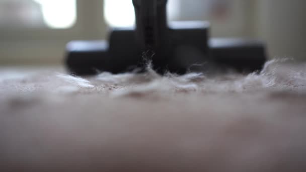 Домохозяйка пылесосит ковер дома, замедленная съемка — стоковое видео