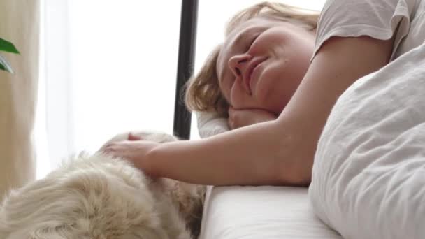 Vicces videó. a háziállatok iránti szeretet. nagy fehér kutya felébred a szeretője a hálószobában kora reggel — Stock videók