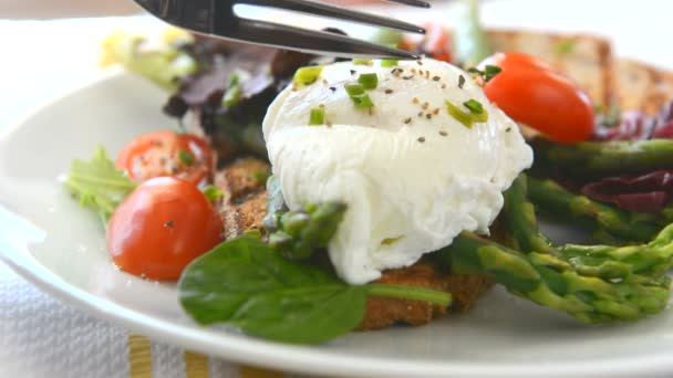 Poached Egg Salad Being Cut — Stock Video