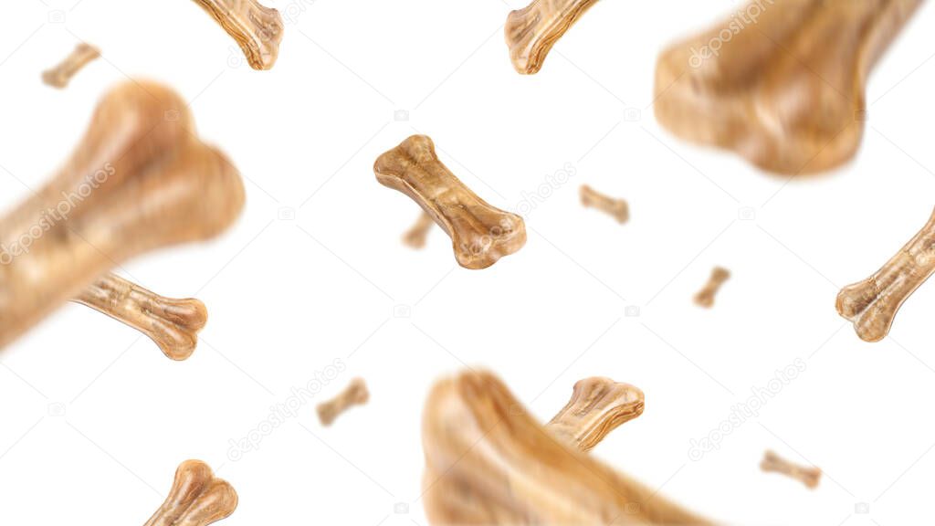 Bone-shaped dog food flying around poured in different directions on a white background.