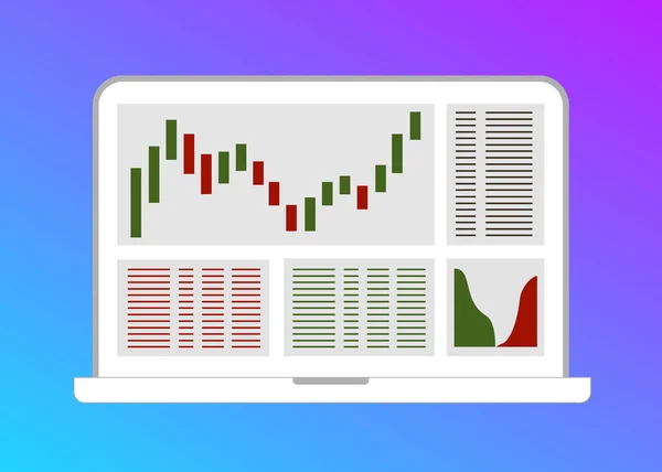 Kereskedési Gyertyatartó Chart Laptop Képernyőjén Elöl Levő Kereskedelmi Lapos Vektoros — Stock Vector