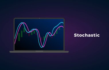 Borsa, Forex ve cryptocurrency ticaret döviz piyasasında Stokastik osilator teknik analiz göstergesi. Grafik ve mum sopa ile dizüstü ekran ekran