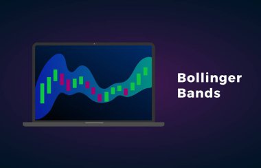 Bollinger bantları hisse senedi piyasasında teknik analiz göstergesi bulutu, Forex ve cryptocurrency ticaret Döviz piyasası. Grafik ve mum sopa ile dizüstü ekran ekran