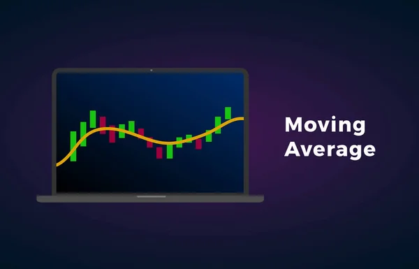 Analyse technique des indicateurs de moyenne mobile. Graphique vectoriel de bourse et de change de crypto-monnaie, analyse forex et graphique de marché de négociation sur écran d'affichage d'ordinateur portable — Image vectorielle