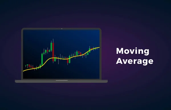 移動平均指標テクニカル分析。ノートパソコンのディスプレイ画面上のベクトル株と暗号通貨の交換グラフ、外国為替分析と取引市場チャート — ストックベクタ