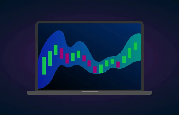 Смуги Боллінджер технічний аналіз хмара індикатора на фондовому ринку, Форекс і cryptocurrency ринку торгового обміну. Ноутбук дисплей з графом і свічку палицю — стоковий вектор