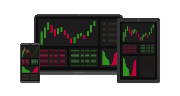 Marché Forex, crypto-analyse. Option binaire. Écran d'application pour le trading. Bougies et indicateurs. HUD UI pour application professionnelle. Interface utilisateur virtuelle futuriste avec ordinateur portable, téléphone mobile et tablette PC — Image vectorielle