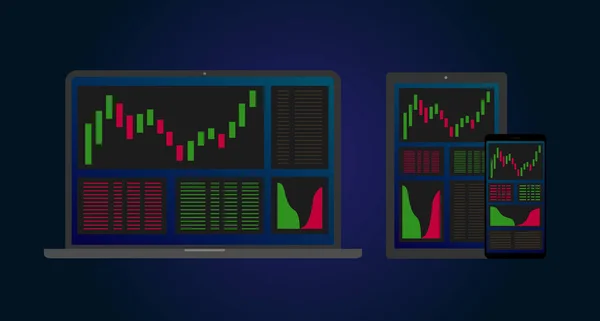 Stock crypto csere koncepció app futó laptop, mobil telefon és Tablet PC egyidejű. Multi cross platform kereskedési illusztrációs interfész — Stock Vector