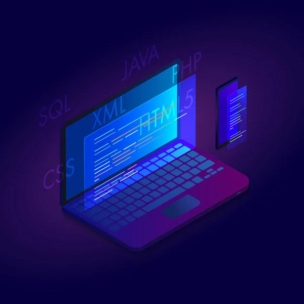 Web Development design plano moderno isométrico. Ícone de conceito de desenvolvedor de software com interface Laptop e código do telefone na tela. Modelo para site, landing pages e site móvel — Vetor de Stock