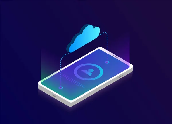 3D isometric mobile phone cloud storage concept. Vector cloud with data transfer flat illustration. — Stock Vector